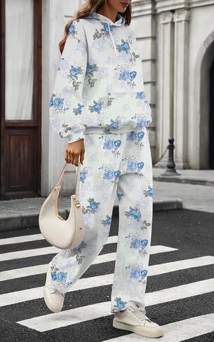 Women's 2 Piece Outfits Lounge Sets Floral Bow Fleece Long Sleeve Hoodies Sweatpants Sweats Track Suits Set in Kuwait