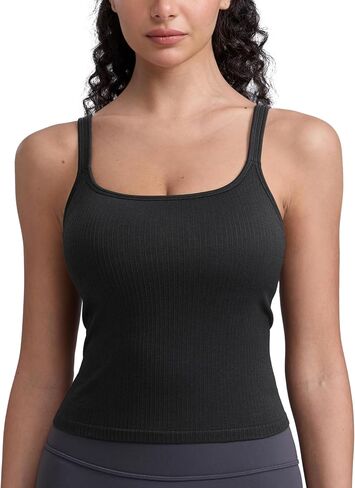CRZ YOGA Seamless Womens U Neck Longline Sports Bra - Thin Strap Padded Workout Crop Tank Ribbed Open Back Yoga Camisole Top in Saudi Arabia