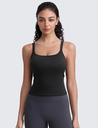 CRZ YOGA Seamless Womens U Neck Longline Sports Bra - Thin Strap Padded Workout Crop Tank Ribbed Open Back Yoga Camisole Top in Saudi Arabia