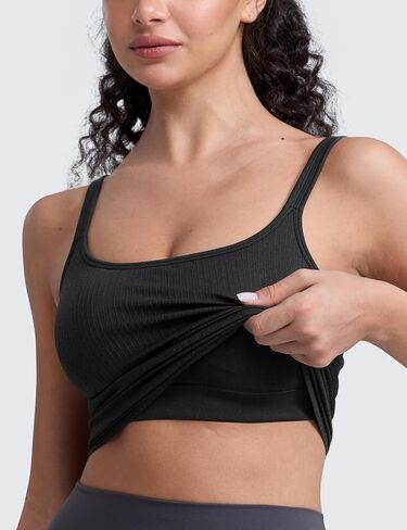 CRZ YOGA Seamless Womens U Neck Longline Sports Bra - Thin Strap Padded Workout Crop Tank Ribbed Open Back Yoga Camisole Top in Saudi Arabia