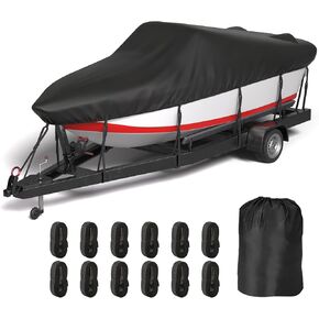 20-22ft Boat Cover, 600D Oxford Anti-UV & Waterproof Boat Cover for V-Hull, Tri-Hull, Runabout, Fishing Boat with 12 Tie-Down Straps, Storage Bag, Black in Saudi Arabia