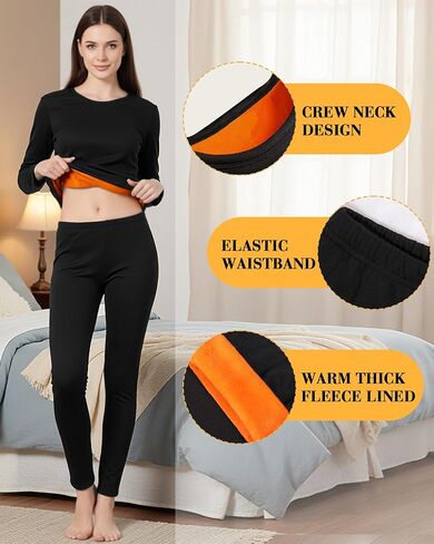 Patelai 2 Set Womens Thermal Underwear Soft Fleece Lined Base Layer Pajama Winter Warm Top Bottom for Cold Weather Skiing in Saudi Arabia