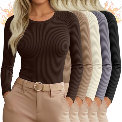 5 Pack Women's Long Sleeve Ribbed Cotton Shirts, Crew Neck Slim Tops Thermal Base Layer Knit Sweater Undershirts in Saudi Arabia