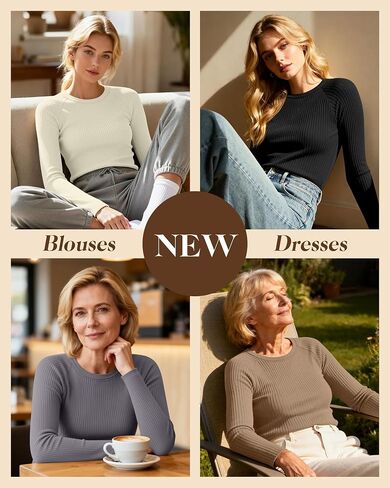 5 Pack Women's Long Sleeve Ribbed Cotton Shirts, Crew Neck Slim Tops Thermal Base Layer Knit Sweater Undershirts in Saudi Arabia