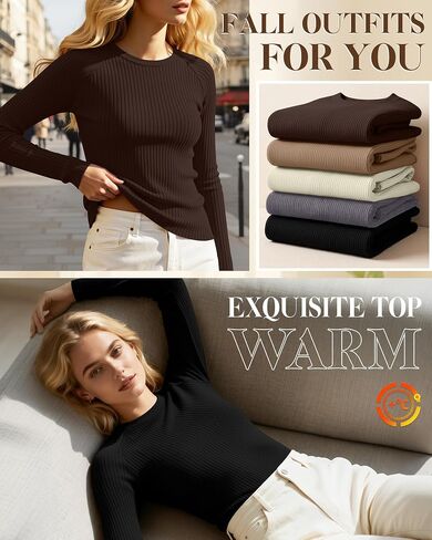 5 Pack Women's Long Sleeve Ribbed Cotton Shirts, Crew Neck Slim Tops Thermal Base Layer Knit Sweater Undershirts in Saudi Arabia