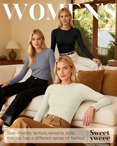 5 Pack Women's Long Sleeve Ribbed Cotton Shirts, Crew Neck Slim Tops Thermal Base Layer Knit Sweater Undershirts in Saudi Arabia