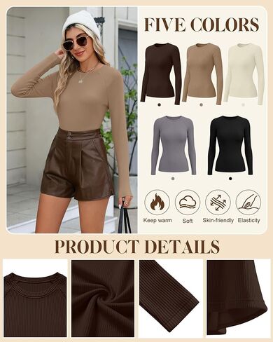 5 Pack Women's Long Sleeve Ribbed Cotton Shirts, Crew Neck Slim Tops Thermal Base Layer Knit Sweater Undershirts in Saudi Arabia