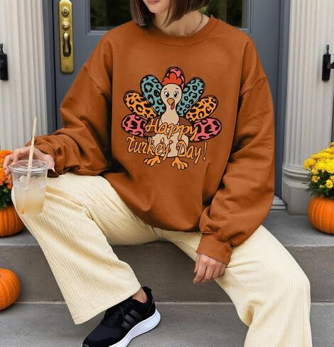 Thanksgiving Sweatshirts for Women Long Sleeve Oversized Funny Turkey Day Shirts Gobble Til You Wobble Shirt in Saudi Arabia