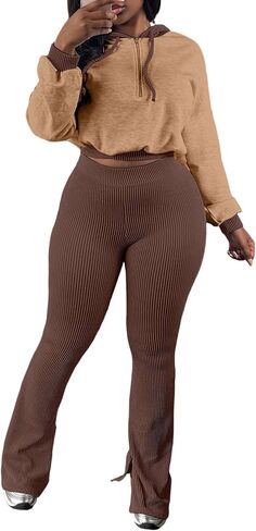 Womens 2 Piece Sweatsuits Long Sleeve Zip Up Hooded Striped Legging Pants Set Tracksuit Jogger Outfits in Saudi Arabia