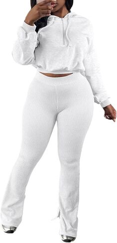 Womens 2 Piece Sweatsuits Long Sleeve Zip Up Hooded Striped Legging Pants Set Tracksuit Jogger Outfits in Saudi Arabia
