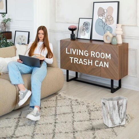 2 Pack Trash Can Wood Waste Basket Wooden Garbage Bins Decorative Farmhouse Trash Can for Bathroom Bedroom Office Desk Living Room (Rustic White) in Saudi Arabia