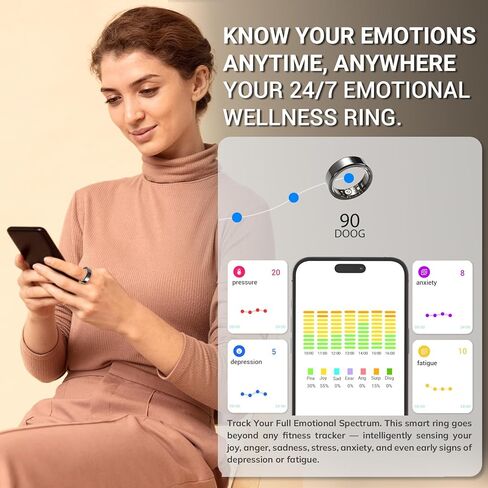 حلقة ذكية من Mworld، متتبع للياقة البدنية والصحة مع تحليل الذكاء الاصطناعي العاطفي، مراقب النوم، تتبع معدل ضربات القلب/SpO2، مقاومة للماء 10ATM للرجال والنساء - مادة السيراميك (أسود، 7) in Kuwait