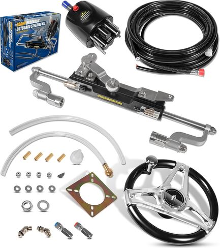 300HP Boat Outboard Hydraulic Steering System Kit with Durable Aluminum Alloy Steering Wheel, Hydraulic Steering Cylinder, Helm Pump, Tubing & Rubber Hose Fits for Most Single-Outboard Powered Boats in Saudi Arabia