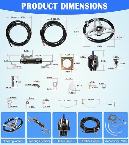 300HP Boat Outboard Hydraulic Steering System Kit with Durable Aluminum Alloy Steering Wheel, Hydraulic Steering Cylinder, Helm Pump, Tubing & Rubber Hose Fits for Most Single-Outboard Powered Boats in Saudi Arabia