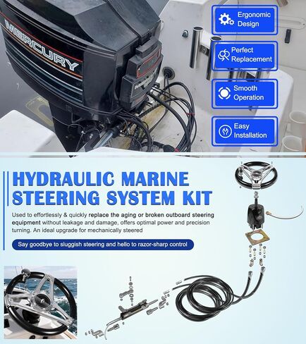 300HP Boat Outboard Hydraulic Steering System Kit with Durable Aluminum Alloy Steering Wheel, Hydraulic Steering Cylinder, Helm Pump, Tubing & Rubber Hose Fits for Most Single-Outboard Powered Boats in Saudi Arabia