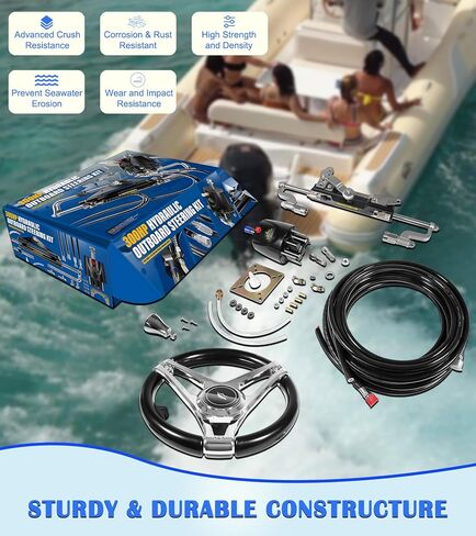 300HP Boat Outboard Hydraulic Steering System Kit with Durable Aluminum Alloy Steering Wheel, Hydraulic Steering Cylinder, Helm Pump, Tubing & Rubber Hose Fits for Most Single-Outboard Powered Boats in Saudi Arabia