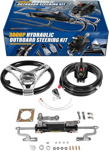 300HP Boat Outboard Hydraulic Steering System Kit with Durable Aluminum Alloy Steering Wheel, Hydraulic Steering Cylinder, Helm Pump, Tubing & Rubber Hose Fits for Most Single-Outboard Powered Boats in Saudi Arabia