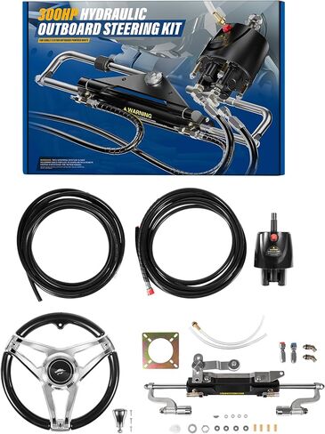 300HP Boat Outboard Hydraulic Steering System Kit with Durable Aluminum Alloy Steering Wheel, Hydraulic Steering Cylinder, Helm Pump, Tubing & Rubber Hose Fits for Most Single-Outboard Powered Boats in Saudi Arabia
