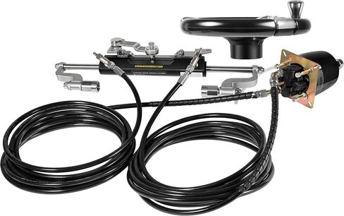 300HP Boat Outboard Hydraulic Steering System Kit with Durable Aluminum Alloy Steering Wheel, Hydraulic Steering Cylinder, Helm Pump, Tubing & Rubber Hose Fits for Most Single-Outboard Powered Boats in Saudi Arabia