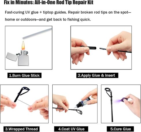 Fishing Rod Tip Repair Kit with UV Light & Glue | Complete Pole Tip Replacement Supplies for Broken Rods | 14 Sizes Top Eyelets, Wrapping Thread | Fishing Rod Repair Kit & Pole Repair Kit in Kuwait