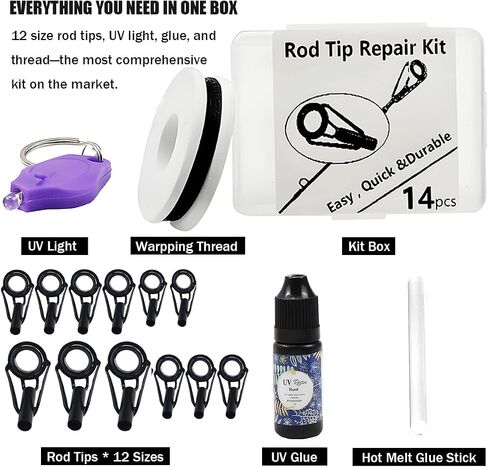 Fishing Rod Tip Repair Kit with UV Light & Glue | Complete Pole Tip Replacement Supplies for Broken Rods | 14 Sizes Top Eyelets, Wrapping Thread | Fishing Rod Repair Kit & Pole Repair Kit in Kuwait