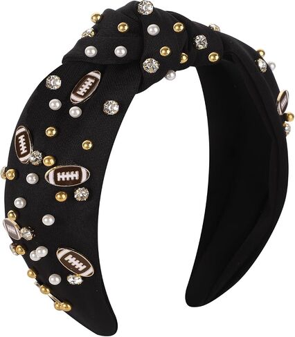 Football Headband for Women, Crystal Knotted Headband with Rugby Pearl Charms Wide Top Knot Headband Rhinestone Jeweled Football Hairband Game Accessories for Fans, Football Lovers(Black) in Saudi Arabia