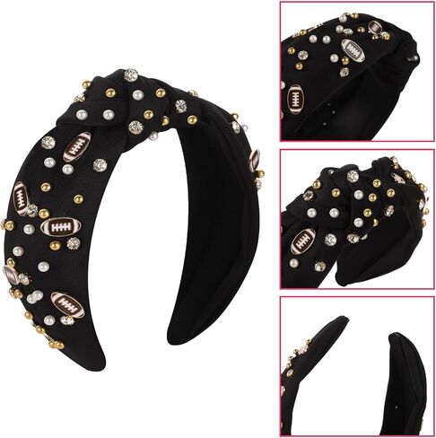Football Headband for Women, Crystal Knotted Headband with Rugby Pearl Charms Wide Top Knot Headband Rhinestone Jeweled Football Hairband Game Accessories for Fans, Football Lovers(Black) in Saudi Arabia