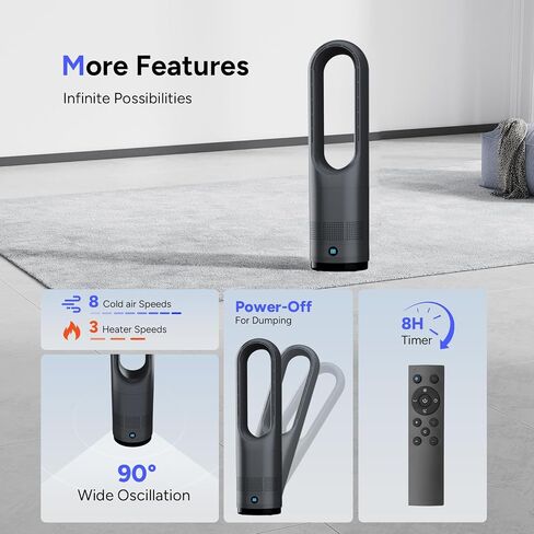 Bladeless Heater Fan,22Inch Heating & Cooling Combo Tower Fan 80° Oscillating, 9H Timer, 8 Speeds, Portable Quiet for Indoor, Bedroom, Home Office Room in Kuwait