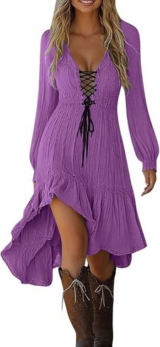 Halloween Dresses for Women Sexy Western Cowgirl Dress Long Sleeve High Low Dresses Vintage Lace Patchwork Dress in Saudi Arabia