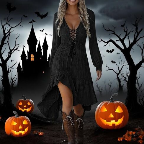 Halloween Dresses for Women Sexy Western Cowgirl Dress Long Sleeve High Low Dresses Vintage Lace Patchwork Dress in Saudi Arabia