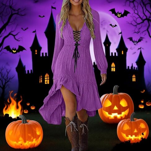 Halloween Dresses for Women Sexy Western Cowgirl Dress Long Sleeve High Low Dresses Vintage Lace Patchwork Dress in Saudi Arabia