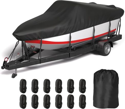 20-22ft Boat Cover, 600D Oxford Anti-UV & Waterproof Boat Cover for V-Hull, Tri-Hull, Runabout, Fishing Boat with 12 Tie-Down Straps, Storage Bag, Black in Saudi Arabia