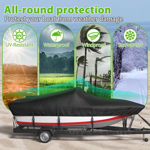 20-22ft Boat Cover, 600D Oxford Anti-UV & Waterproof Boat Cover for V-Hull, Tri-Hull, Runabout, Fishing Boat with 12 Tie-Down Straps, Storage Bag, Black in Saudi Arabia