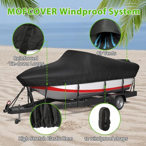 20-22ft Boat Cover, 600D Oxford Anti-UV & Waterproof Boat Cover for V-Hull, Tri-Hull, Runabout, Fishing Boat with 12 Tie-Down Straps, Storage Bag, Black in Saudi Arabia