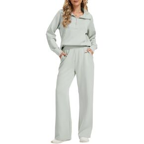 طقم بدلة رياضية نسائية مكونة من قطعتين، سويت شيرت كبير الحجم مع جيب أمامي وسروال واسع الساق in Kuwait