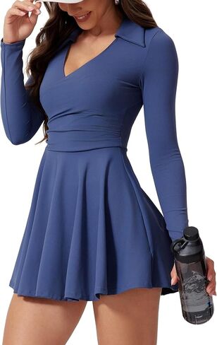 Women Tennis Dress V Neck Long Sleeve Athletic Outfit with Built in Shorts A-line Mini Golf Workout Dress with Pockets in Saudi Arabia