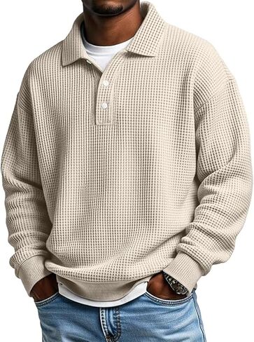 Sweatshirts for Men Long Sleeve Lapel Collar Waffle Shirts Casual Loose Pullover Tops Lightweight Textured Outfits in Saudi Arabia
