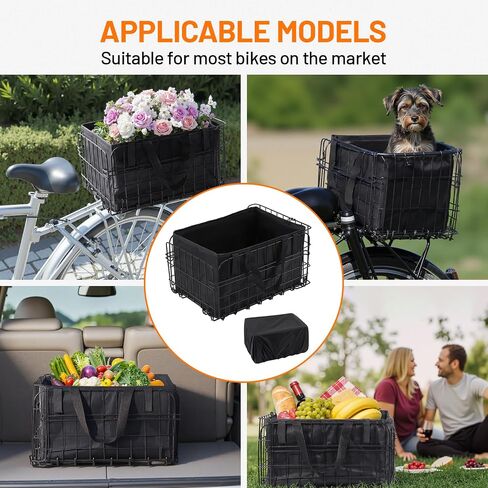 Bike Basket Rear, Folding Rear Bicycle Basket with Liner Bag, Waterproof Cover & Cargo Net, 56lbs Capacity for Adult Bikes Carrying Dogs, Pets, Fruit & Grocery in Saudi Arabia