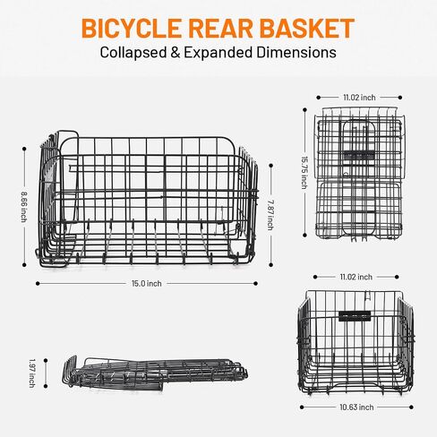 Bike Basket Rear, Folding Rear Bicycle Basket with Liner Bag, Waterproof Cover & Cargo Net, 56lbs Capacity for Adult Bikes Carrying Dogs, Pets, Fruit & Grocery in Saudi Arabia