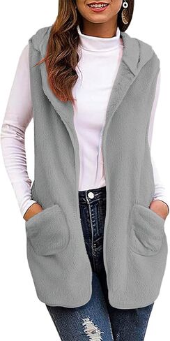 Women's Fleece Vest with Pockets Sleeveless Hooded Sherpa Cardiagan Warm Fuzzy Jackets Furry Fall Winter Outerwear in Saudi Arabia