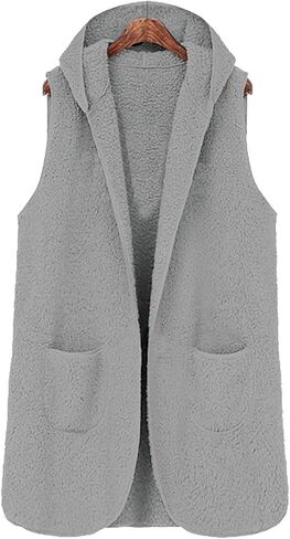 Women's Fleece Vest with Pockets Sleeveless Hooded Sherpa Cardiagan Warm Fuzzy Jackets Furry Fall Winter Outerwear in Saudi Arabia