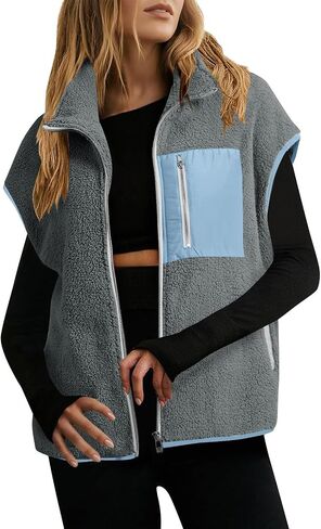 Fleece Jacket Women Fall Winter Sherpa Vest Zip Up Sleeveless Warm Fuzzy Jackets with Pockets Furry Outerwear Coats in Saudi Arabia