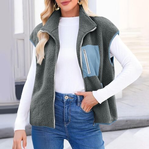Fleece Jacket Women Fall Winter Sherpa Vest Zip Up Sleeveless Warm Fuzzy Jackets with Pockets Furry Outerwear Coats in Saudi Arabia