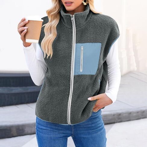 Fleece Jacket Women Fall Winter Sherpa Vest Zip Up Sleeveless Warm Fuzzy Jackets with Pockets Furry Outerwear Coats in Saudi Arabia