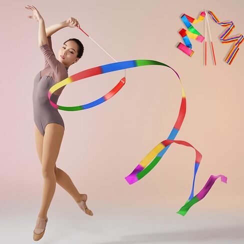 2Pcs Dance Ribbons, Smooth Gymnastics Rainbow Ribbon Wand with Non-Slip Rod, Rainbow Twirling Sticks Streamers for Adults Artistic Dancing Circus Show, Multicolor in Saudi Arabia