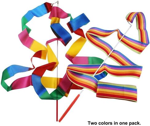 2Pcs Dance Ribbons, Smooth Gymnastics Rainbow Ribbon Wand with Non-Slip Rod, Rainbow Twirling Sticks Streamers for Adults Artistic Dancing Circus Show, Multicolor in Saudi Arabia
