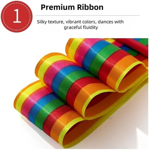 2Pcs Dance Ribbons, Smooth Gymnastics Rainbow Ribbon Wand with Non-Slip Rod, Rainbow Twirling Sticks Streamers for Adults Artistic Dancing Circus Show, Multicolor in Saudi Arabia