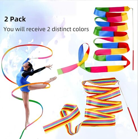 2Pcs Dance Ribbons, Smooth Gymnastics Rainbow Ribbon Wand with Non-Slip Rod, Rainbow Twirling Sticks Streamers for Adults Artistic Dancing Circus Show, Multicolor in Saudi Arabia