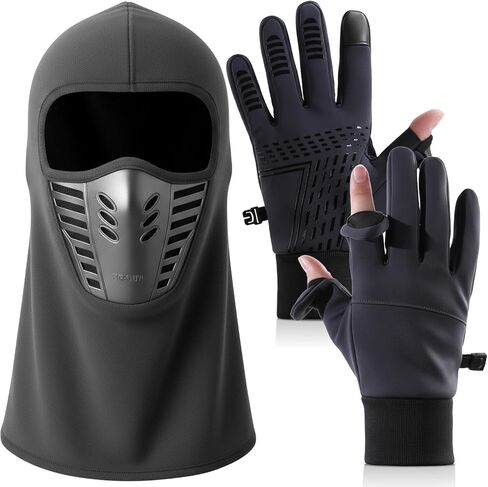 Frienda 2pcs Winter Balaclava, Face Mask Ski Gloves Set Windproof Warm Face Mask Fingerless Fishing Gloves for Men Women in Saudi Arabia