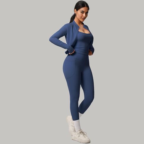 طقم تمرين نسائي مكون من 3 قطع - سترة بسحاب، وقميص بدون أكمام بأشرطة، وبنطلون ضيق بجيب عالي الخصر - ملابس قابلة للتمدد in Kuwait